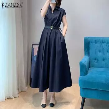 ZANZEA Женское повседневное летнее длинное платье с v-образным вырезом и короткими рукавами