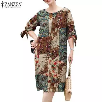 ZANZEA Женское повседневное летнее хлопковое платье с круглым вырезом и рукавами 3/4 3XL синий