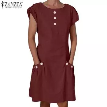 ZANZEA Женское повседневное летнее хлопковое платье с короткими рукавами и круглым вырезом