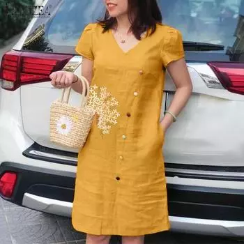 ZANZEA Женское повседневное летнее хлопковое платье с v-образным вырезом и коротким рукавом с цветочным принтом 4XL бежевый