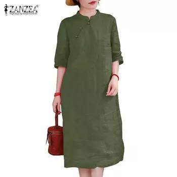 ZANZEA Женское повседневное летнее хлопковое платье с воротником-стойкой и половиной рукава 3XL темно-зеленого