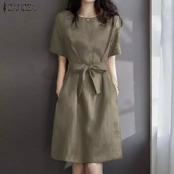 ZANZEA Женское повседневное летнее хлопковое платье с круглым вырезом и короткими рукавами