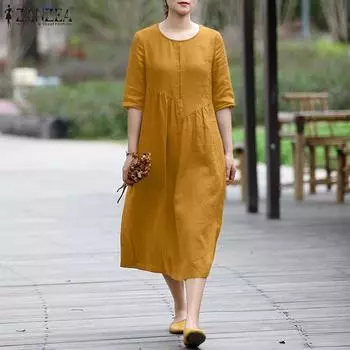 ZANZEA Женское повседневное летнее хлопковое платье с круглым вырезом и половиной рукава M фиолетовый