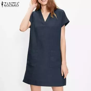ZANZEA Женское повседневное летнее хлопковое платье с v-образным вырезом и короткими рукавами