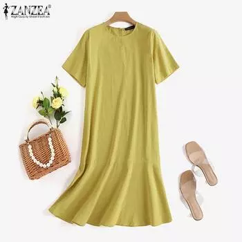 ZANZEA Женское повседневное летнее хлопковое платье с короткими рукавами и круглым вырезом