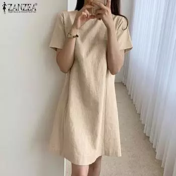 ZANZEA Женское повседневное летнее хлопковое платье с короткими рукавами и круглым вырезом