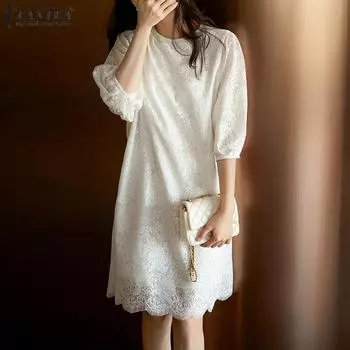 ZANZEA Женское повседневное летнее кружевное платье с круглым вырезом и половиной рукава