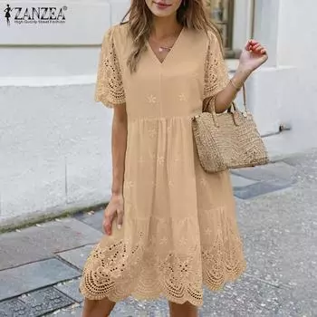 ZANZEA Женское повседневное летнее кружевное платье в стиле пэчворл с коротким рукавом и V-образным вырезом S зелёный