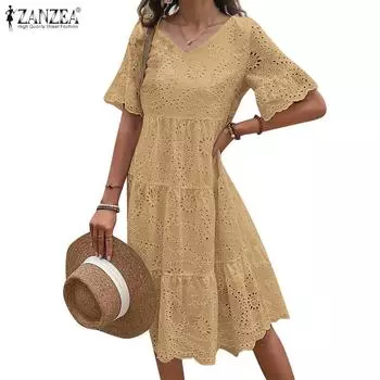 ZANZEA Женское повседневное летнее кружевное платье с V-образным вырезом и коротким рукавом, связанное крючком S зелёный