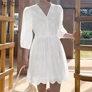 ZANZEA Женское повседневное летнее кружевное платье с V-образным вырезом и рукавами 3/4 S белый