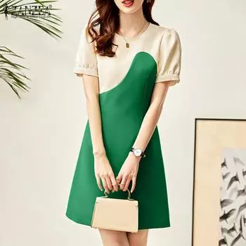 ZANZEA Женское повседневное летнее лоскутное платье с короткими рукавами и круглым вырезом