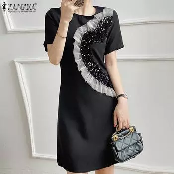 ZANZEA Женское повседневное летнее лоскутное платье с короткими рукавами и круглым вырезом