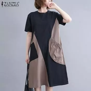 ZANZEA Женское повседневное летнее лоскутное платье с короткими рукавами и круглым вырезом S серый
