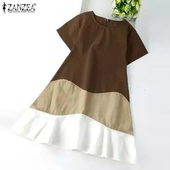 ZANZEA Женское повседневное летнее лоскутное платье с короткими рукавами и круглым вырезом