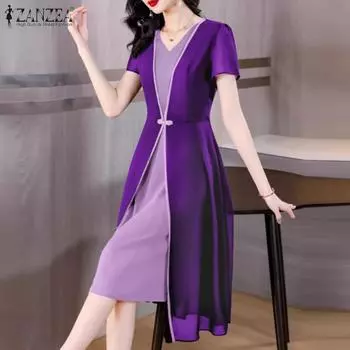 ZANZEA Женское повседневное летнее лоскутное платье с v-образным вырезом и короткими рукавами S чёрный