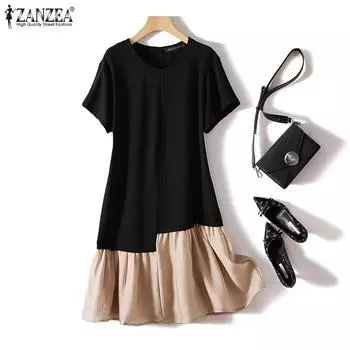 ZANZEA Женское повседневное летнее лоскутное платье с короткими рукавами и круглым вырезом 4XL вино красного