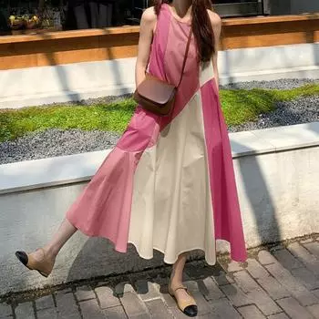 ZANZEA Женское повседневное летнее платье без рукавов в стиле пэчворк с круглым вырезом XL жёлтый