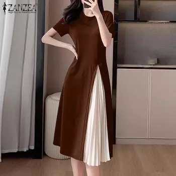 ZANZEA Женское повседневное летнее лоскутное платье с короткими рукавами и круглым вырезом S чёрный