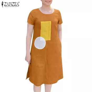 ZANZEA Женское повседневное летнее лоскутное платье с короткими рукавами и круглым вырезом