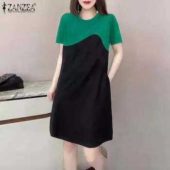 ZANZEA Женское повседневное летнее лоскутное платье с короткими рукавами и круглым вырезом