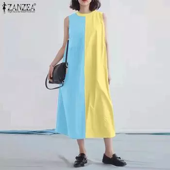 ZANZEA Женское повседневное летнее платье без рукавов в стиле пэчворк с круглым вырезом S вино красного