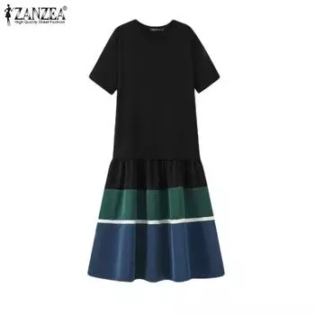 ZANZEA Женское повседневное летнее лоскутное платье с короткими рукавами и круглым вырезом S чёрный