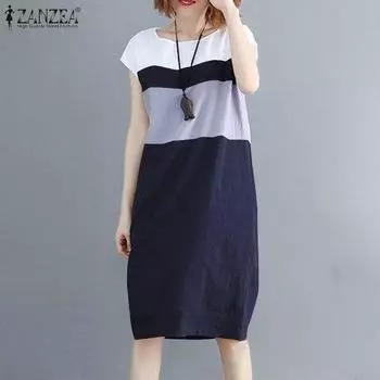 ZANZEA Женское повседневное летнее лоскутное платье с короткими рукавами и круглым вырезом 4XL темно-синий
