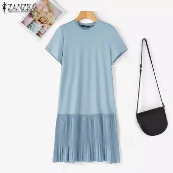 ZANZEA Женское повседневное летнее лоскутное платье с короткими рукавами и круглым вырезом S чёрный