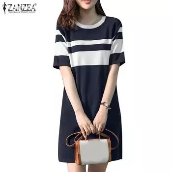 ZANZEA Женское повседневное летнее лоскутное платье с короткими рукавами и круглым вырезом S темно-синий