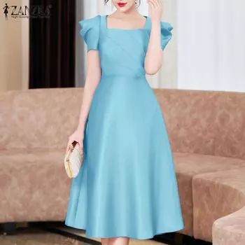 ZANZEA Женское повседневное летнее платье А-силуэта с квадратным воротником и короткими рукавами S синий
