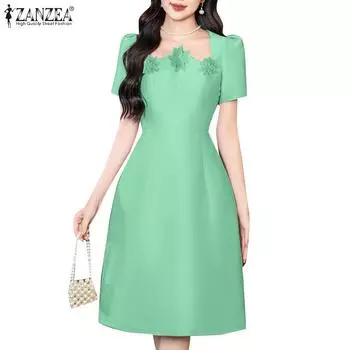 ZANZEA Женское повседневное летнее платье А-силуэта с квадратным воротником и короткими рукавами S зелёный