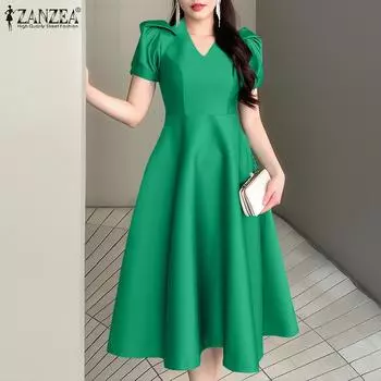 ZANZEA Женское повседневное летнее платье А-силуэта с V-образным вырезом и коротким рукавом S зелёный
