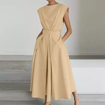 ZANZEA Женское повседневное летнее платье без рукавов с круглым вырезом S хаки