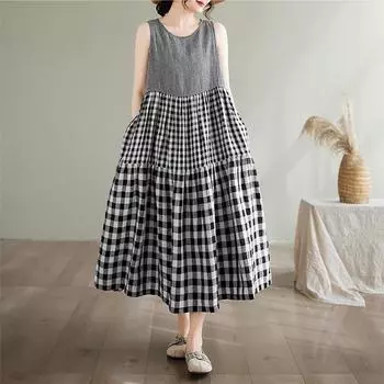 ZANZEA Женское повседневное летнее платье без рукавов с круглым вырезом и принтом в клетку 4XL