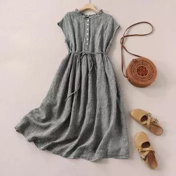 ZANZEA Женское повседневное летнее платье без рукавов с круглым вырезом и клетчатым принтом S