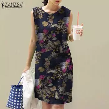 ZANZEA Женское повседневное летнее платье без рукавов с круглым вырезом