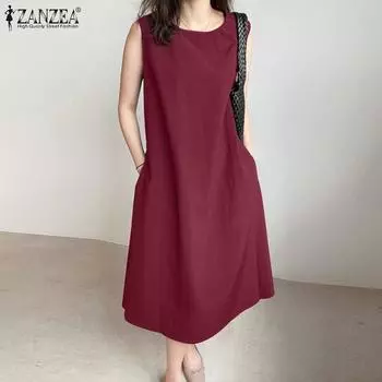 ZANZEA Женское повседневное летнее платье без рукавов с круглым вырезом S
