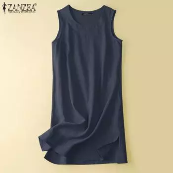 ZANZEA Женское повседневное летнее платье без рукавов с круглым вырезом