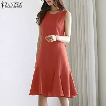 ZANZEA Женское повседневное летнее платье без рукавов с круглым вырезом