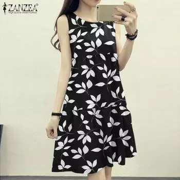 ZANZEA Женское повседневное летнее платье без рукавов с круглым вырезом