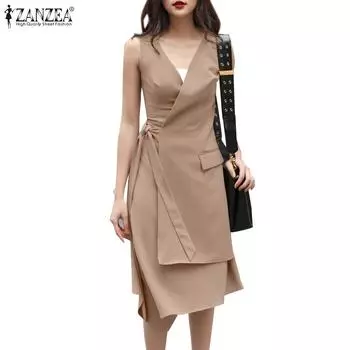 ZANZEA Женское повседневное летнее платье без рукавов с v-образным вырезом на шнуровке 4XL чёрный