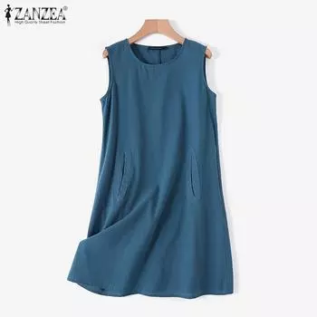 ZANZEA Женское повседневное летнее платье без рукавов с круглым вырезом