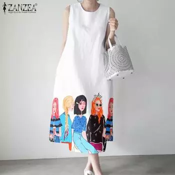 ZANZEA Женское повседневное летнее платье без рукавов с круглым вырезом и принтом 4XL белый