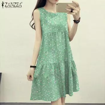 ZANZEA Женское повседневное летнее платье без рукавов с круглым вырезом и цветочным принтом 2XL чёрный