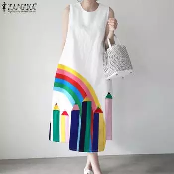 ZANZEA Женское повседневное летнее платье без рукавов с круглым вырезом и принтом 3XL белый
