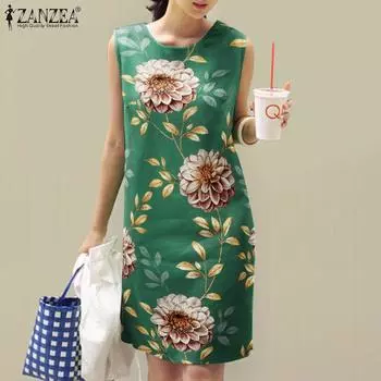 ZANZEA Женское повседневное летнее платье без рукавов с круглым вырезом и принтом 4XL зелёный