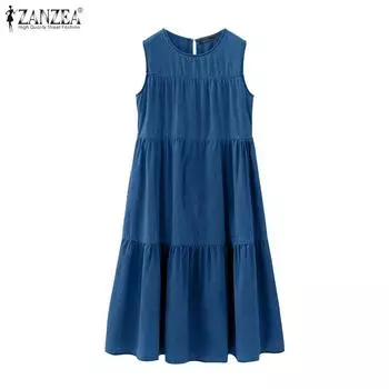 ZANZEA Женское повседневное летнее платье без рукавов с круглым вырезом S синий