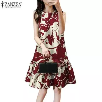 ZANZEA Женское повседневное летнее платье без рукавов с круглым вырезом и принтом 5XL чёрный