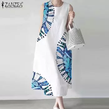 ZANZEA Женское повседневное летнее платье без рукавов с круглым вырезом и принтом S белый