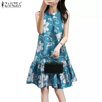 ZANZEA Женское повседневное летнее платье без рукавов с круглым вырезом и принтом 4XL